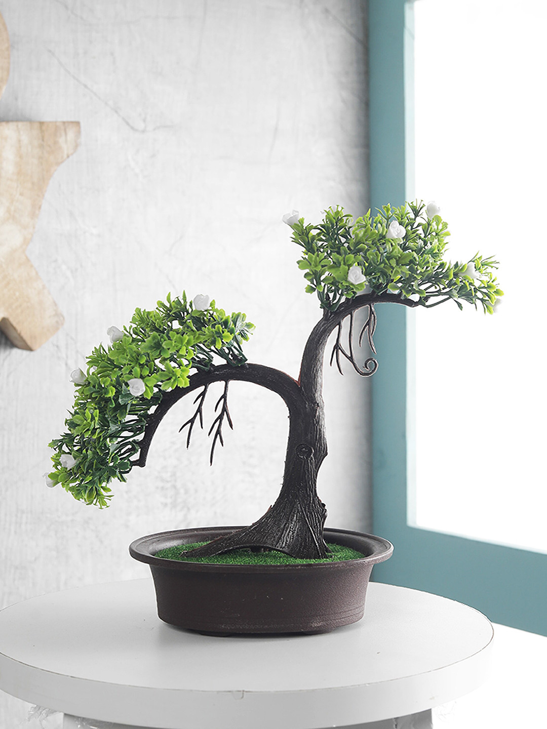 

FOLIYAJ Green & Brown Artificial Shoe Horn-Shaped Bonsai Tree With White Flowers In Pot