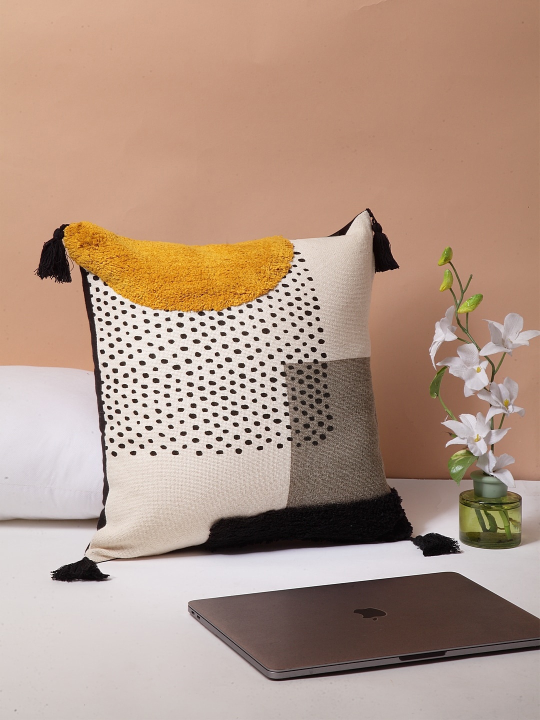 BLANC9 White & Black Single Self Design Square Cushion Covers