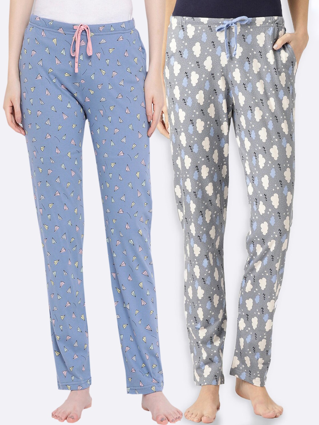 

Kanvin Women Pack Of 2 Blue & Grey Printed Lounge Pants