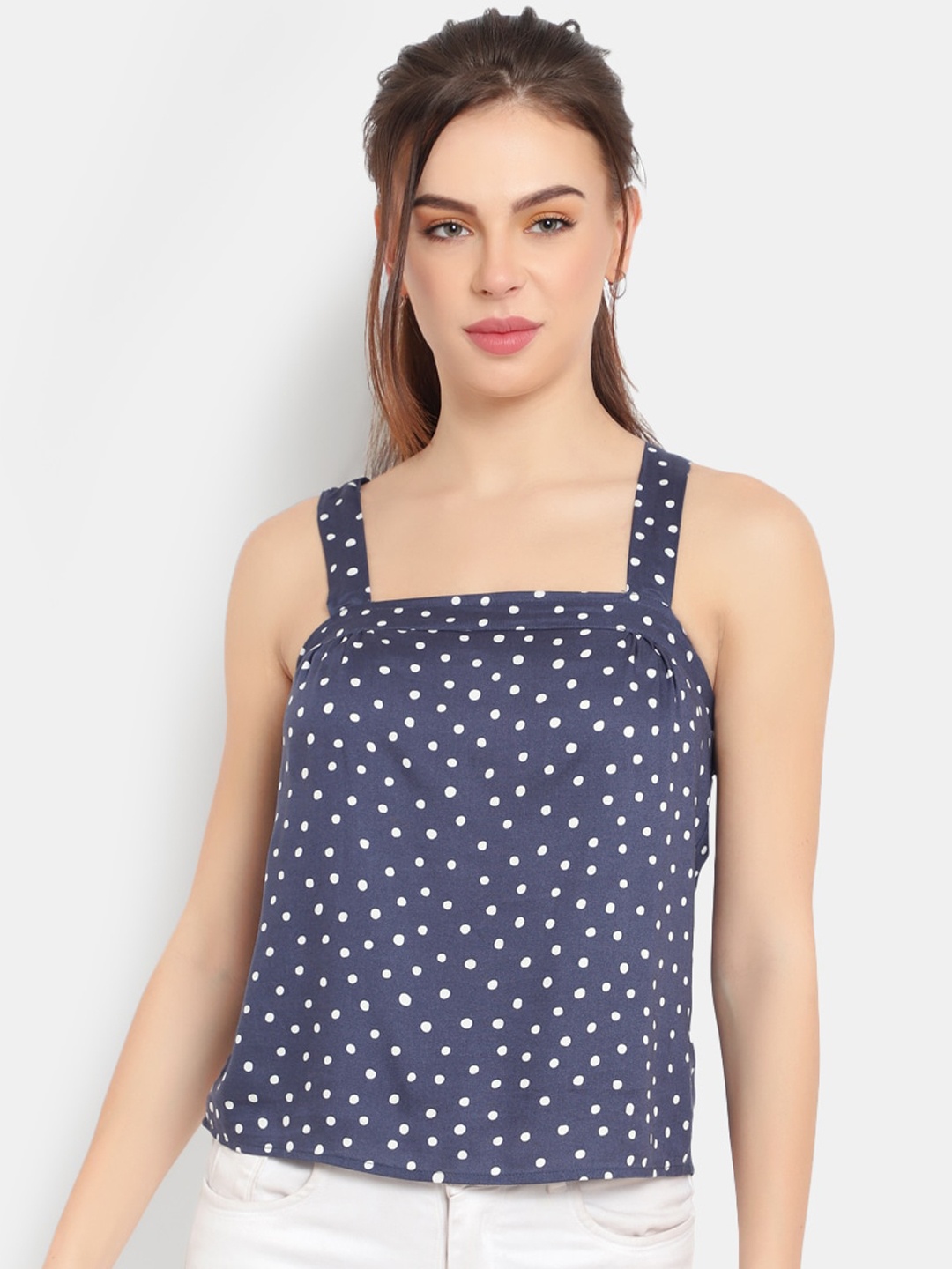 

Ayaany Blue & White Dolka Dots Printed Strappy Crop Top