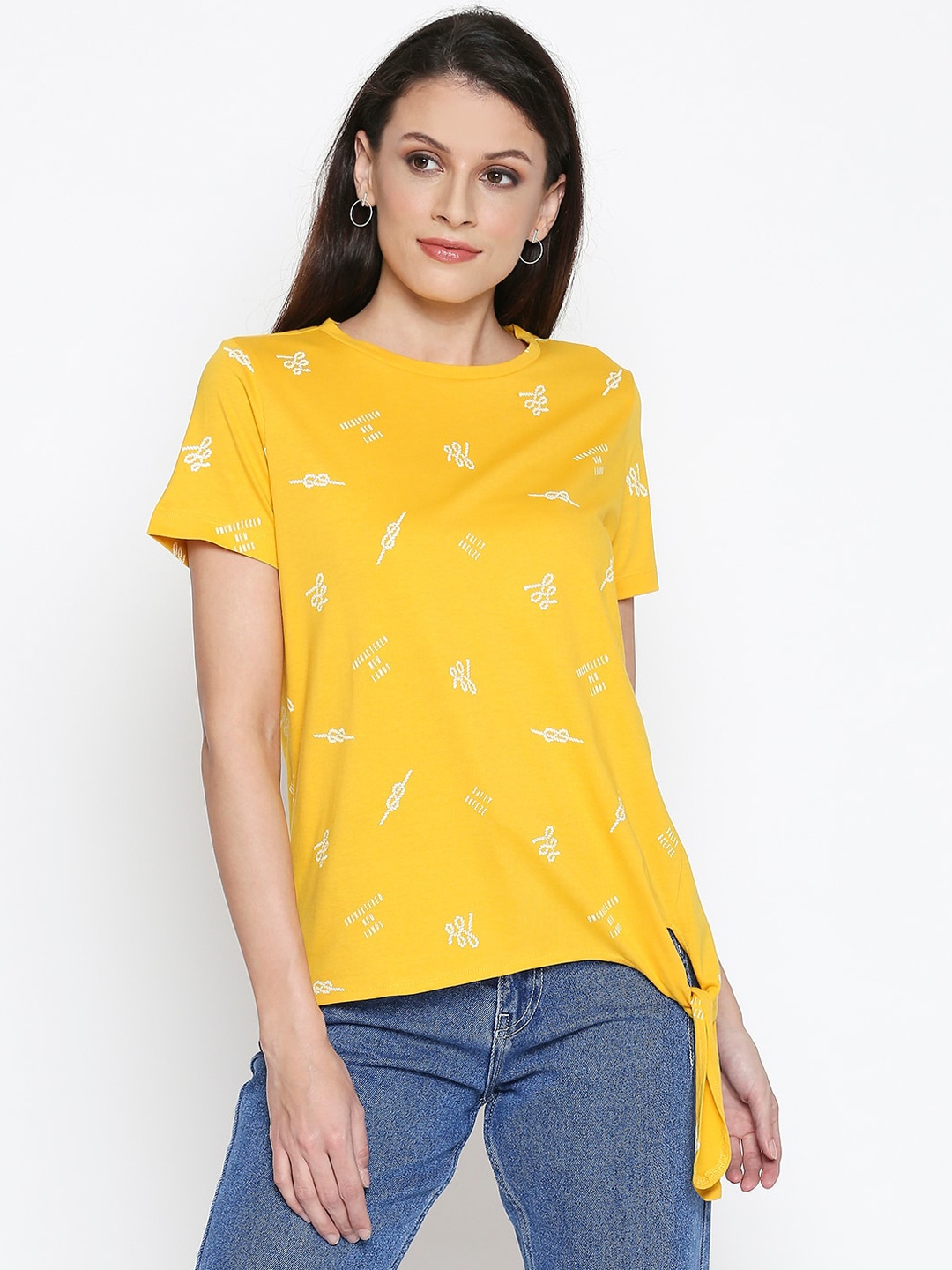 

People Yellow Printed Pure Cotton Regular Top
