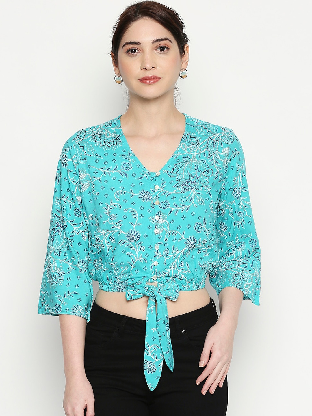 

People Turquoise Blue Floral Printed Blouson Crop Top