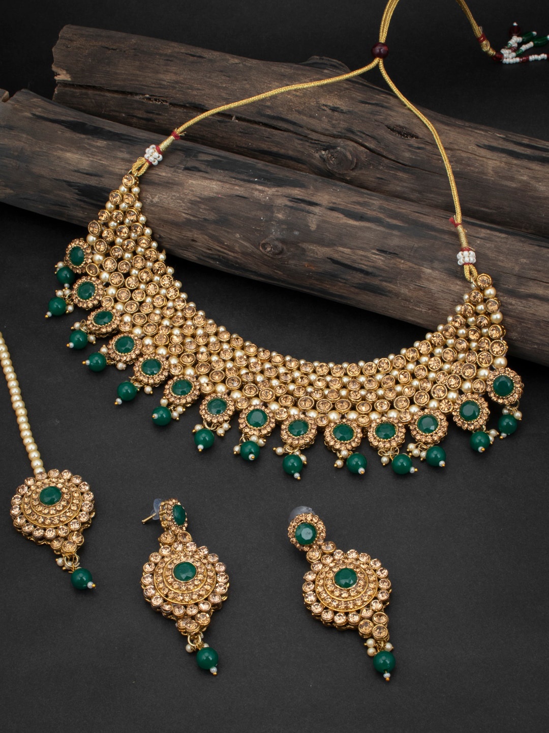 

Sukkhi LCT Gold-Plated Brown & Green Stone-Studded Sustainable Jewellery Set