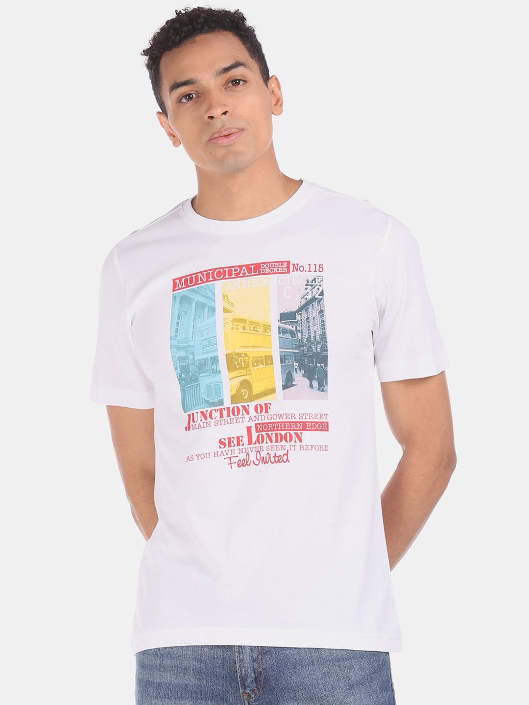 

Colt Men White Printed Round Neck Pure Cotton T-shirt