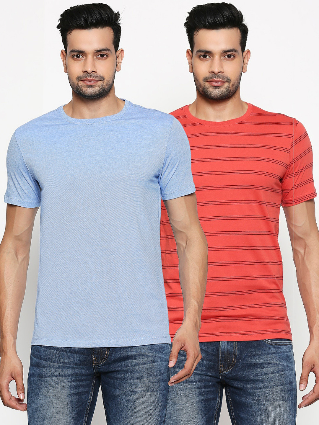 

BYFORD by Pantaloons Men Pack Of 2 Striped Round Neck T-shirt, Blue