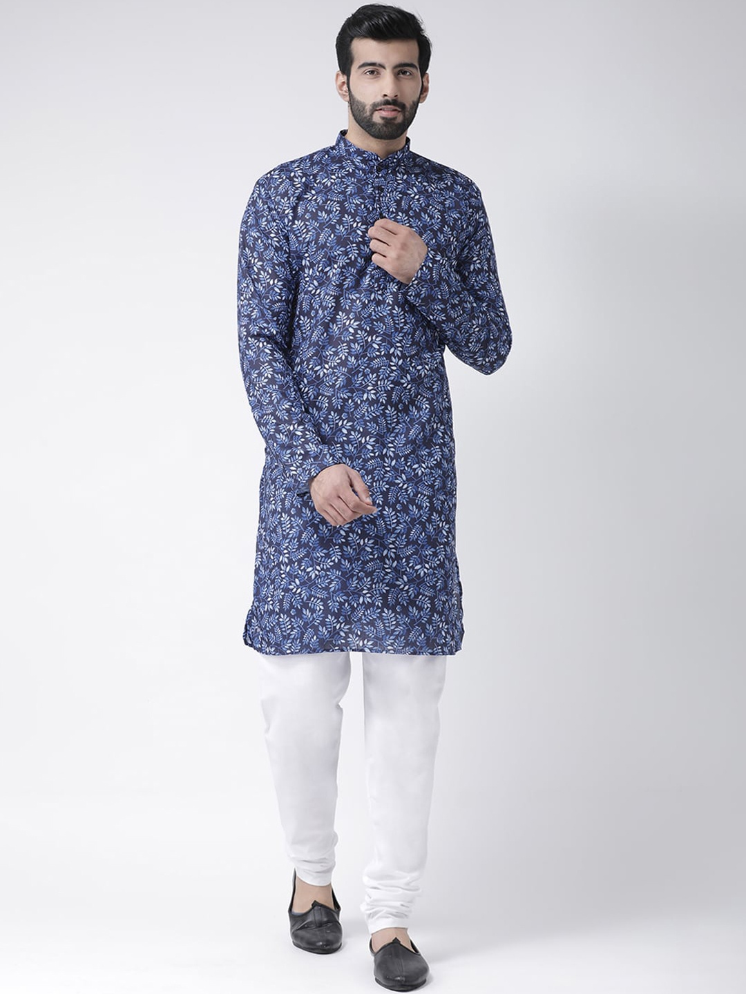 Hangup Men Navy Blue & White Floral Printed Kurta