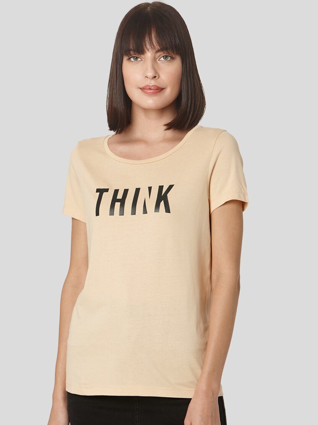 

Vero Moda Women Beige Printed Round Neck T-shirt