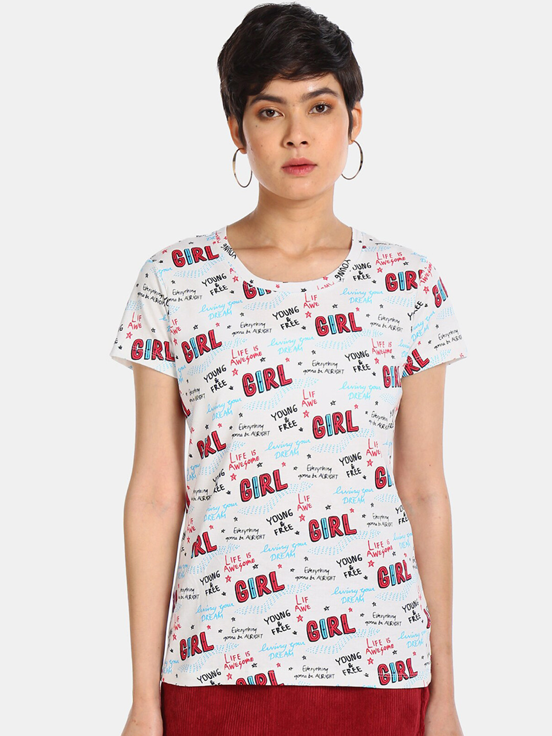 

Sugr Women White Printed Round Neck T-shirt