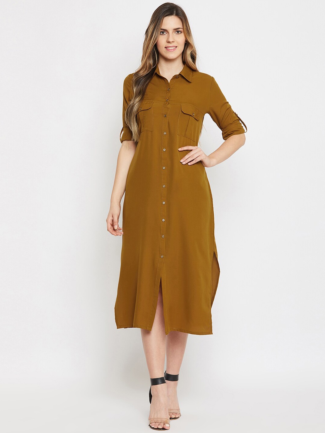 

Color Cocktail Women Khaki Solid Shirt Dress