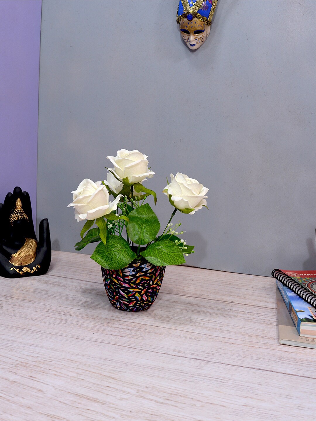 

fancy mart White & Blue Artificial Rose Flower In Textured Pot