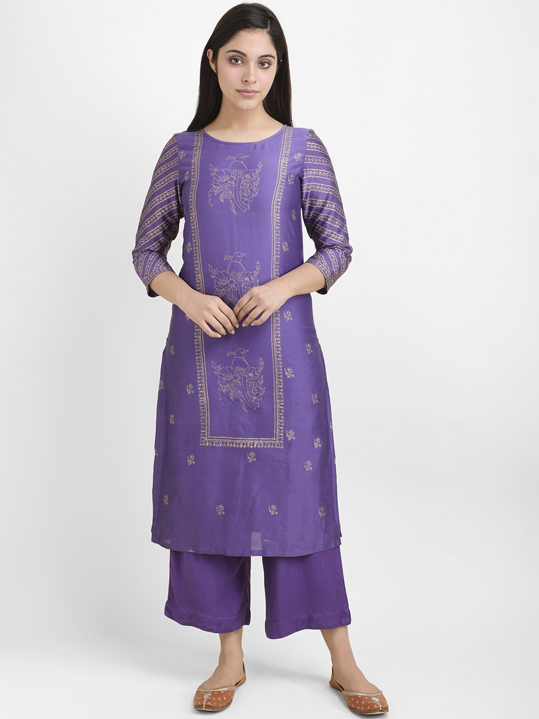 

Lal10 Women Purple & Beige Ethnic Motifs Printed Cotton Silk Kurta