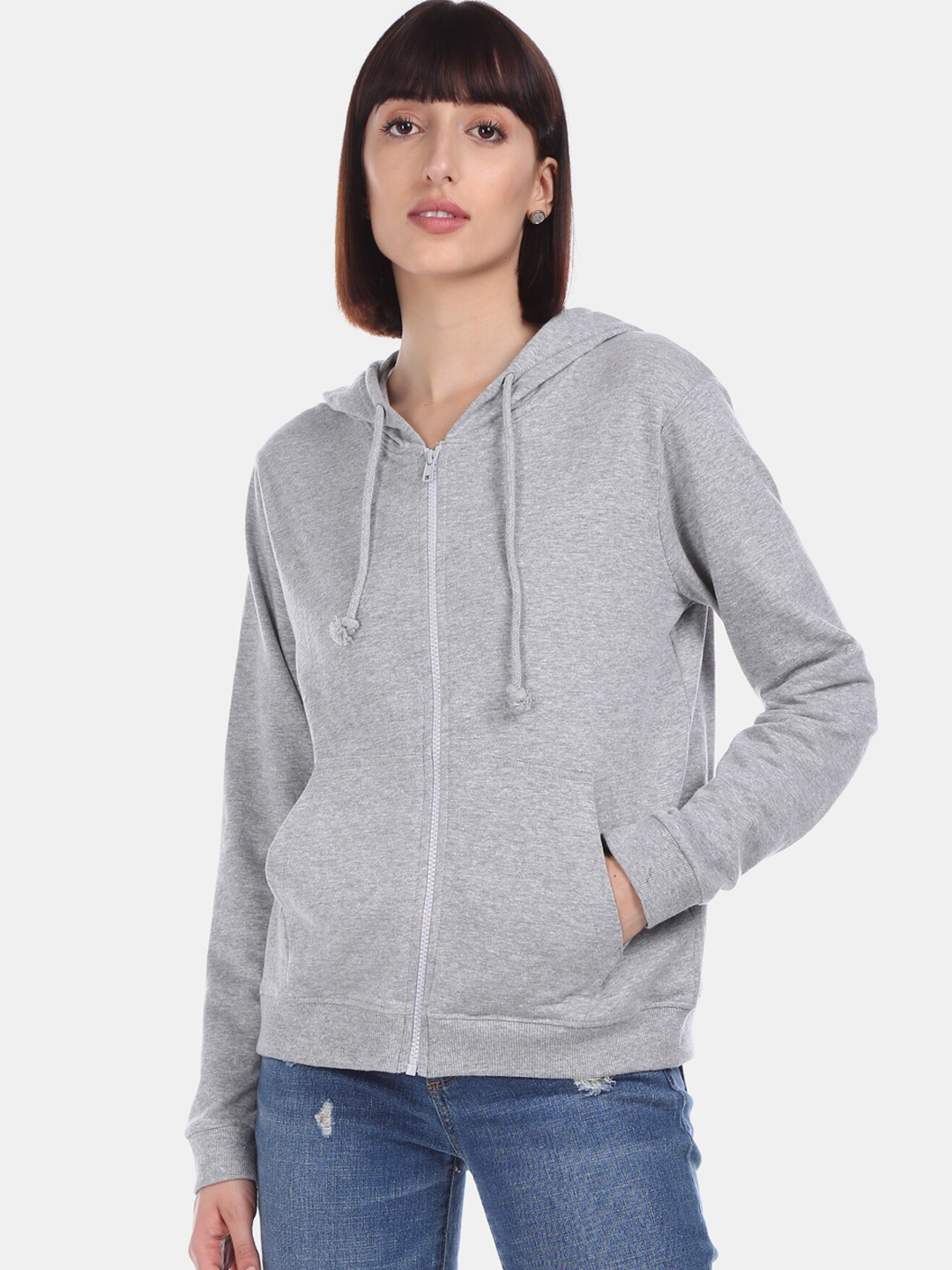 

Sugr Women Grey Melange Solid Hooded Sweatshirt