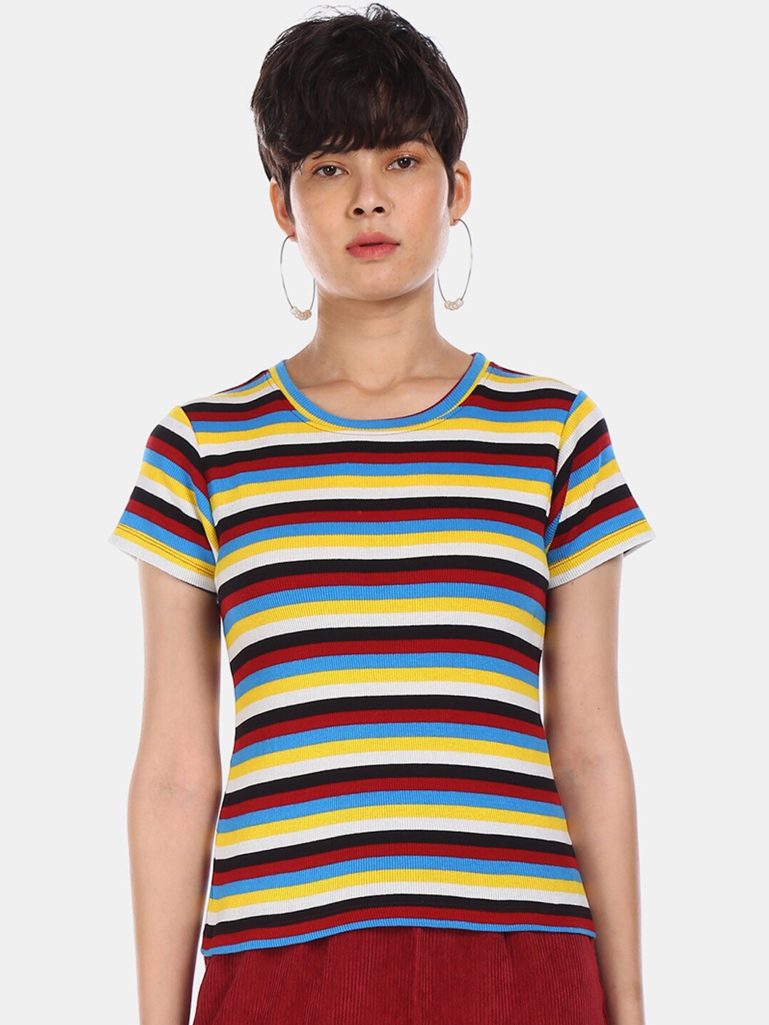 

Sugr Women Multicoloured Striped Round Neck T-shirt, Multi