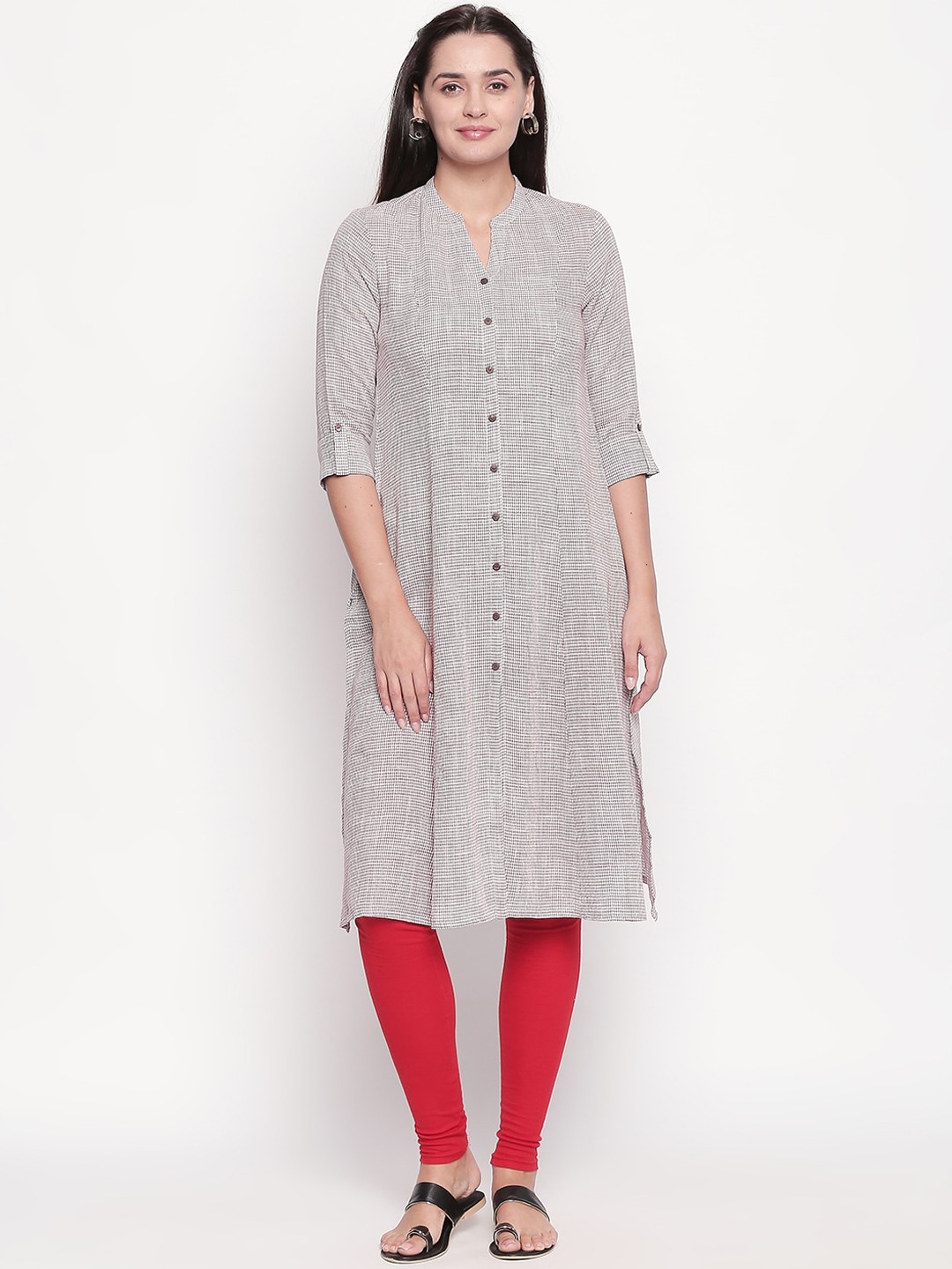 

RANGMANCH BY PANTALOONS Women Off White & Black Checked Kurta