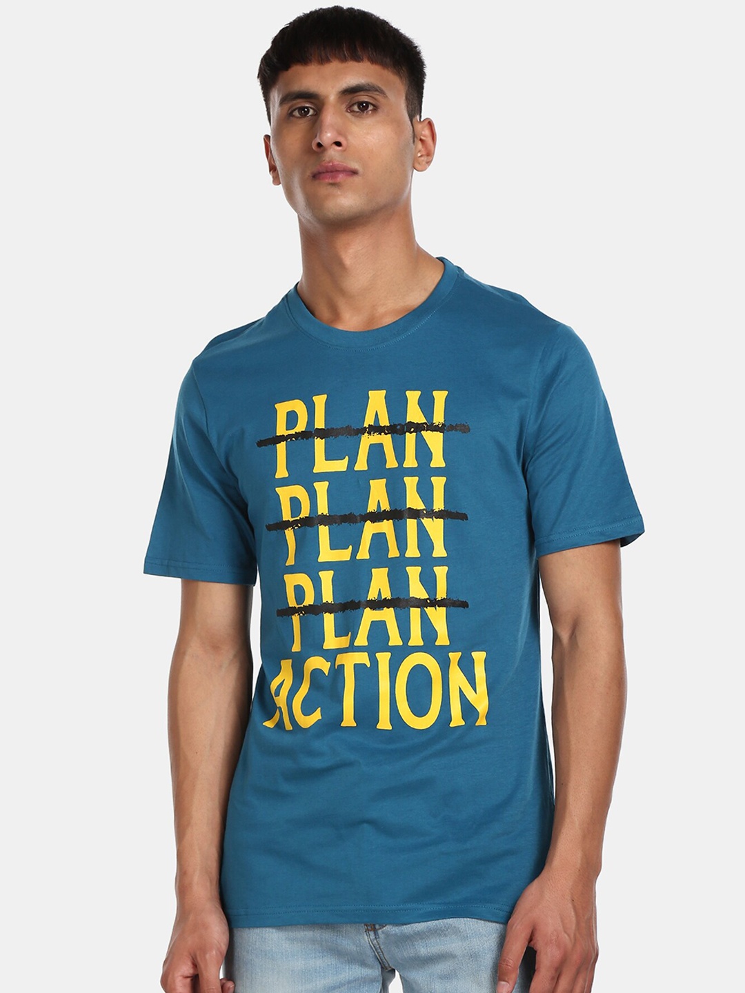 

Colt Men Blue Printed Round Neck Pure Cotton T-shirt