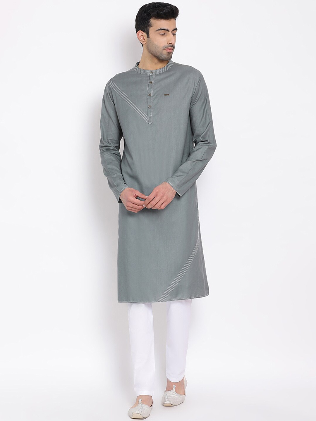 

DEVOILER Men Grey Thread Work Kurta