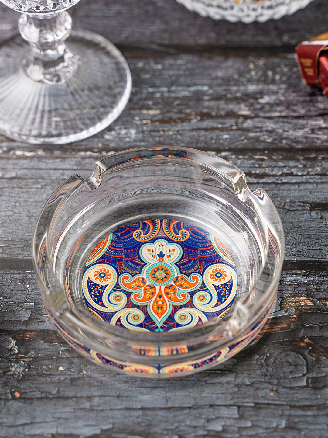 

KOLOROBIA Transparent & Blue Majestic Paisley Printed Glass Ashtray