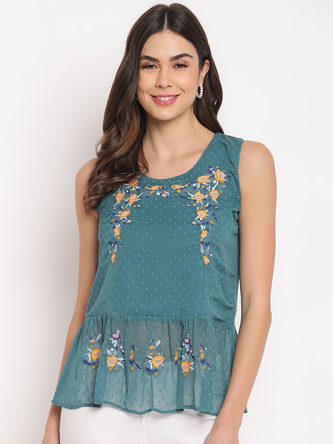 

Mayra sea green & yellow floral embroidered peplum top
