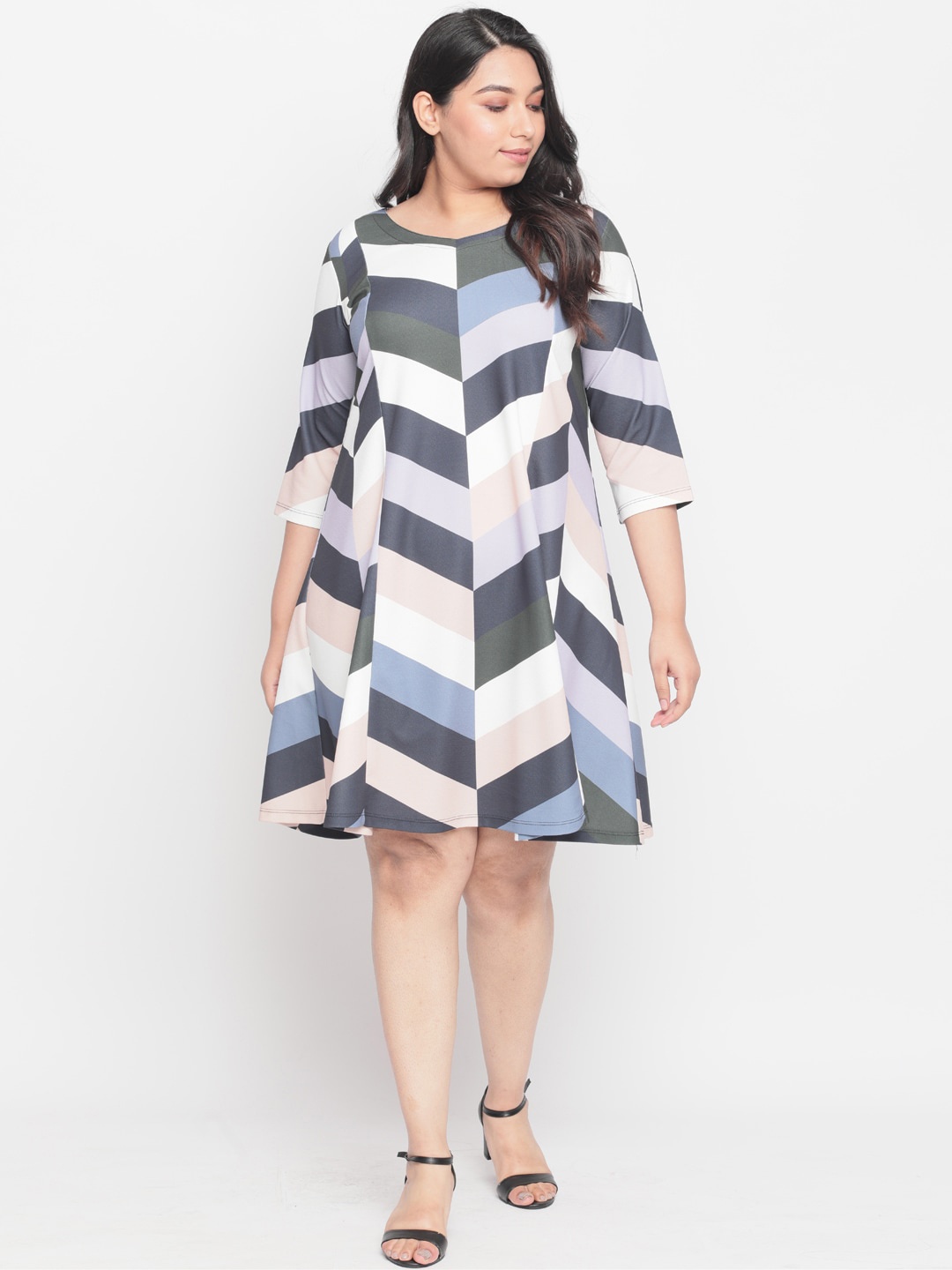 

Amydus Women Plus Size Blue & Grey Chevron Printed A-Line Dress