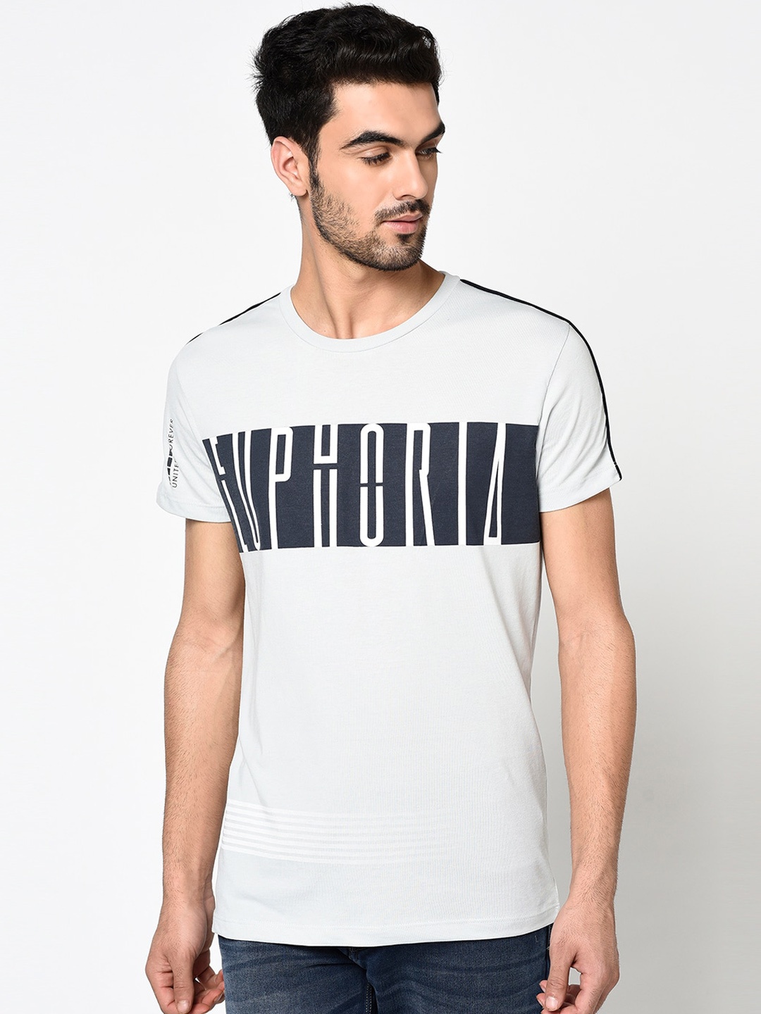 

Octave Men Grey & Navy Blue Printed Round Neck T-shirt
