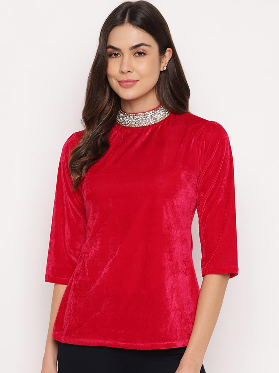 Mayra fuchsia jewel neck studded velvet regular top