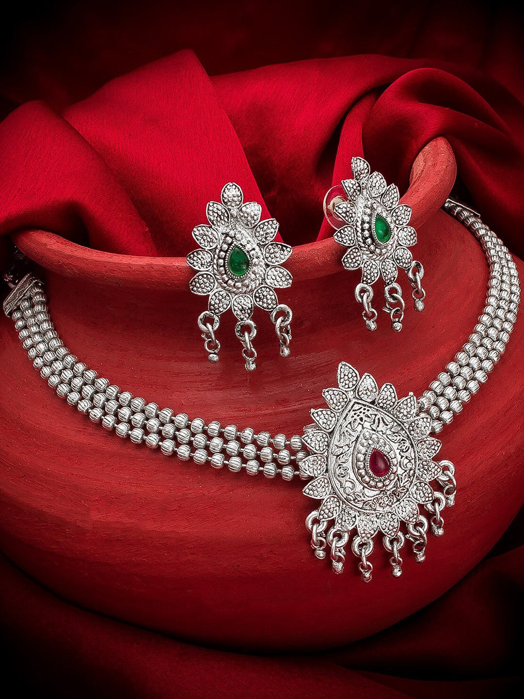 

aadita Oxidised Silver-Plated Pink & Green Stone-Studded Jewellery Set