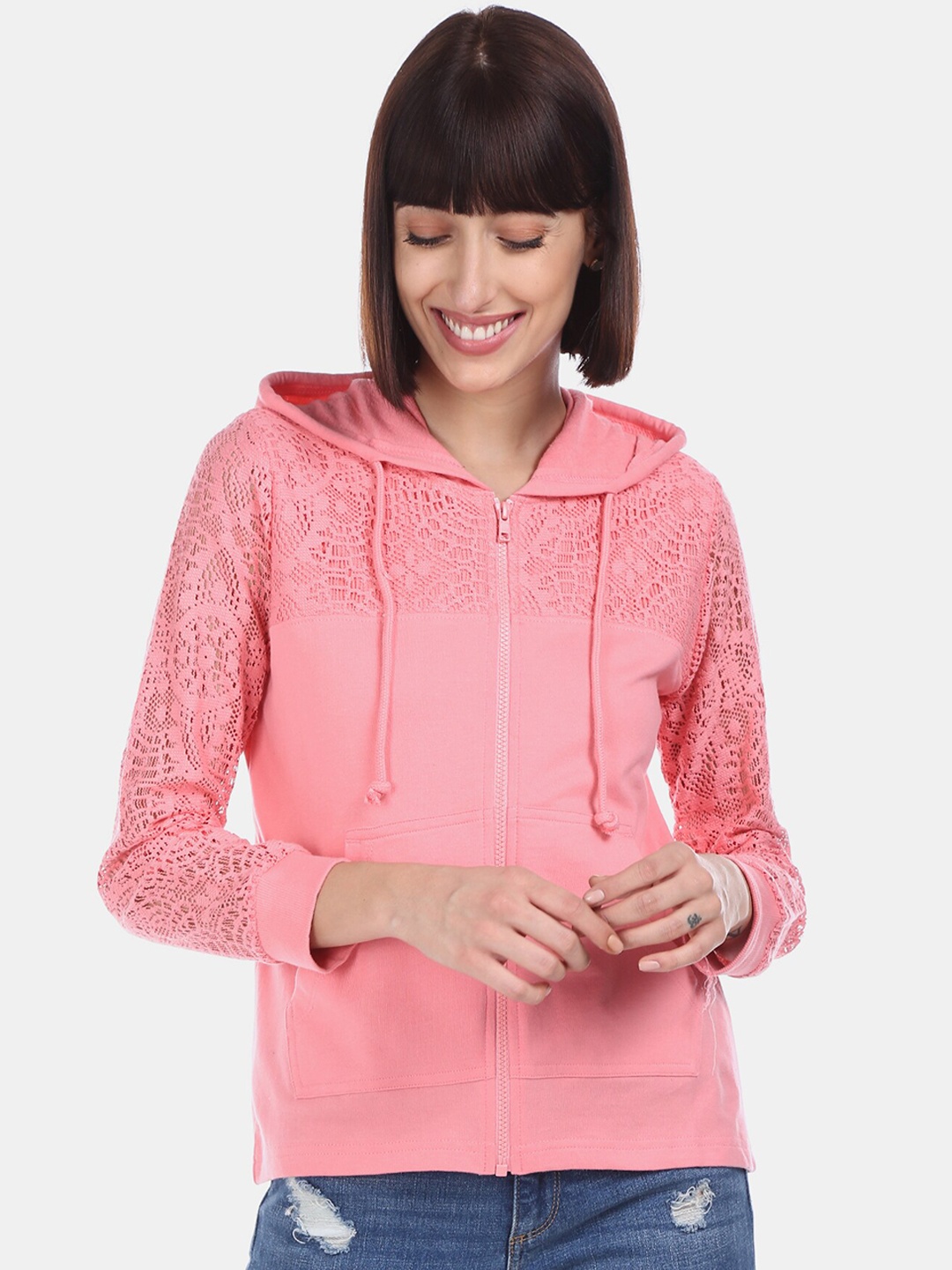 

Sugr Women Pink Solid Hooded Lace Cotton Sweatshirt