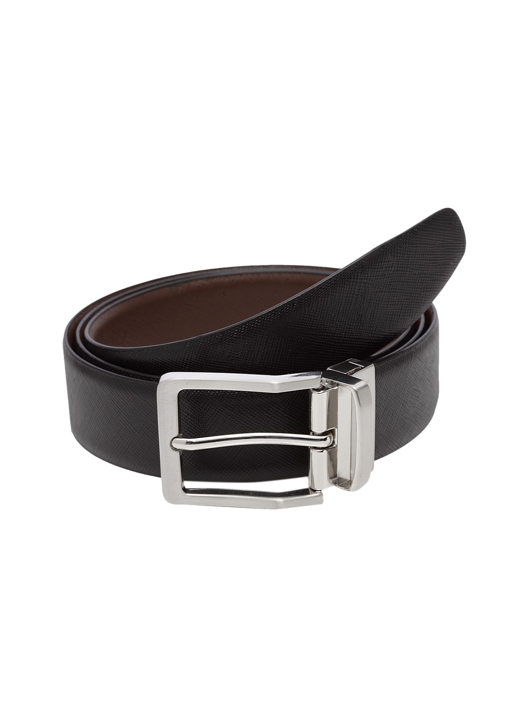 

WELBAWT Men Black & Brown Textured Leather Slim Reversible Belt