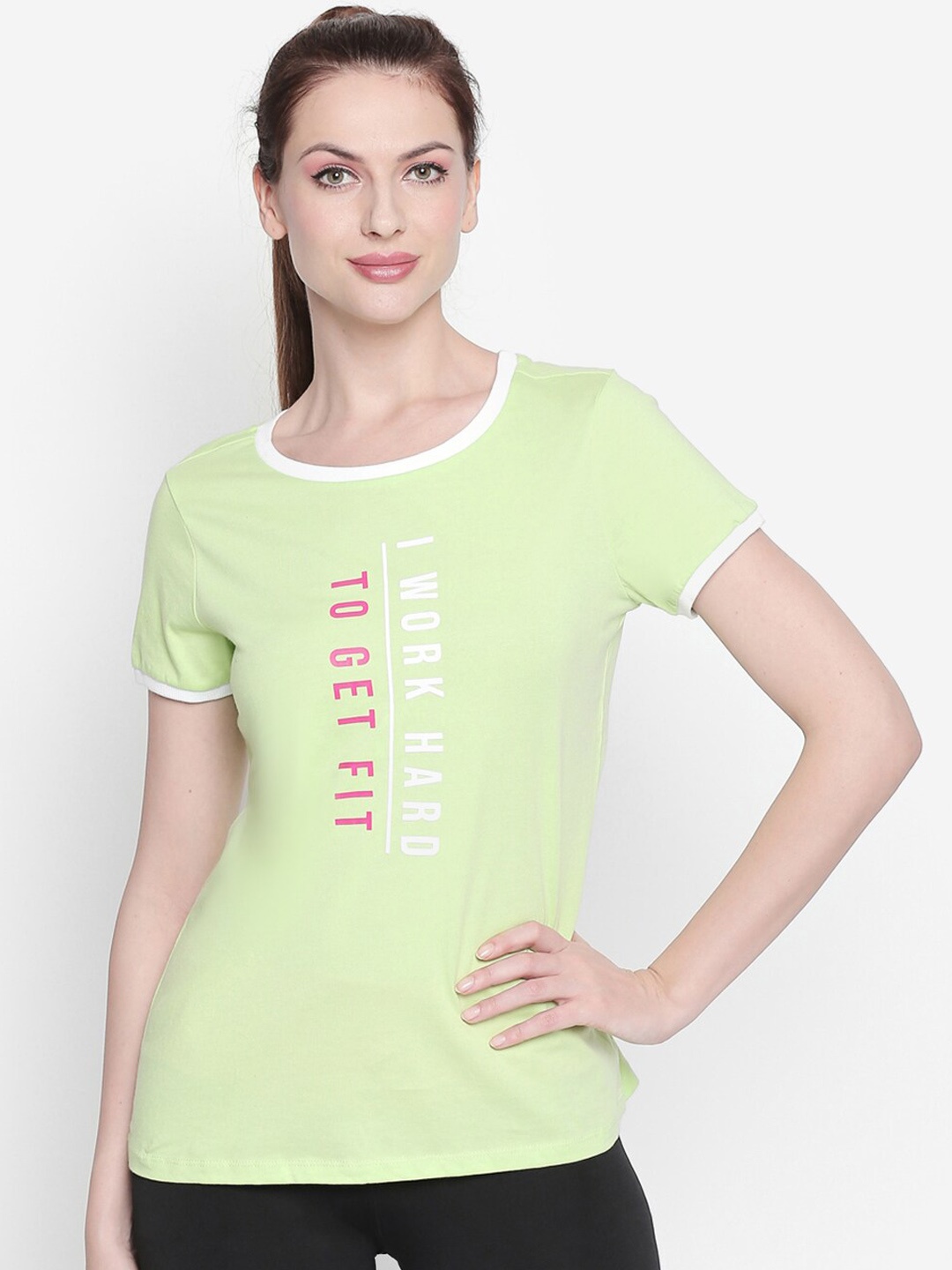 

Ajile by Pantaloons Women Lime Green Printed Round Neck Cotton Pure Cotton T-shirt