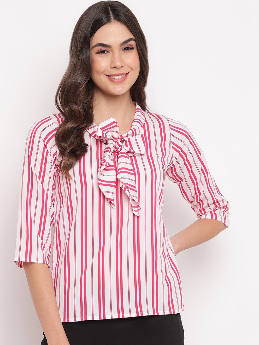 

Mayra White & Pink Striped Tie-Up Neck Crepe Top