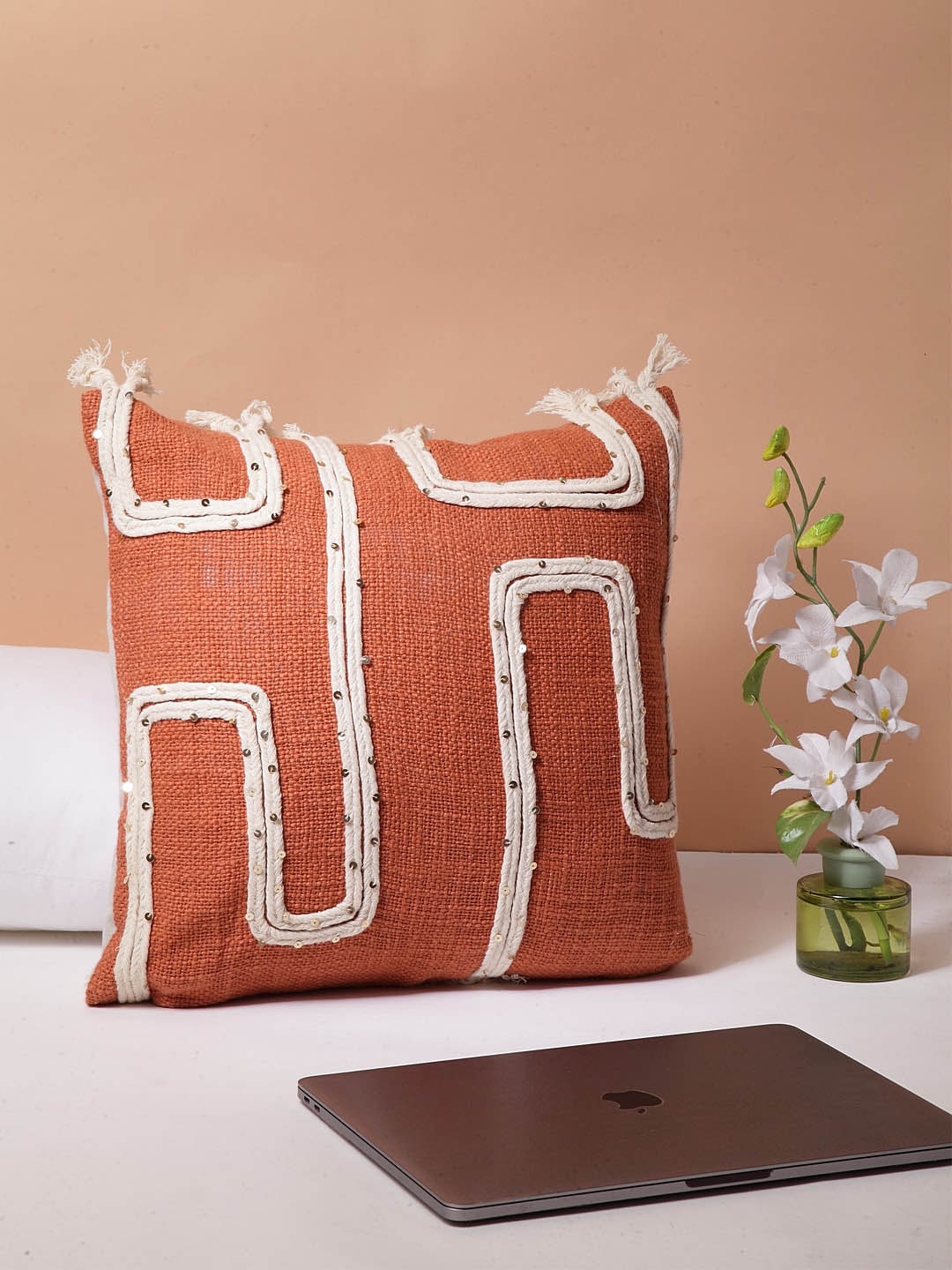 

BLANC9 Orange & Cream-Coloured Set of Single Geometric Square Cushion Covers
