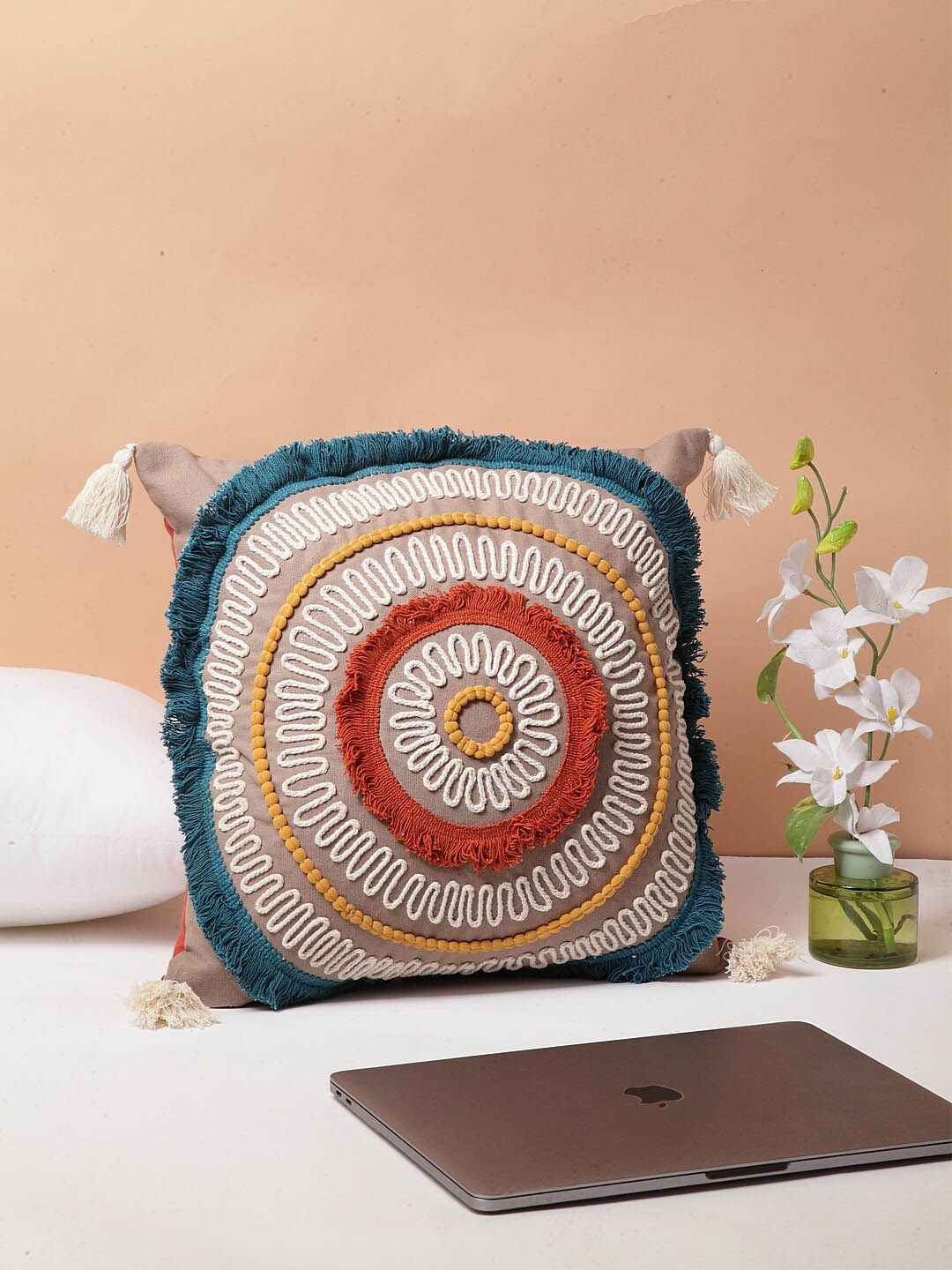 

BLANC9 Taupe & White Set of Single Embroidered Square Cushion Cover