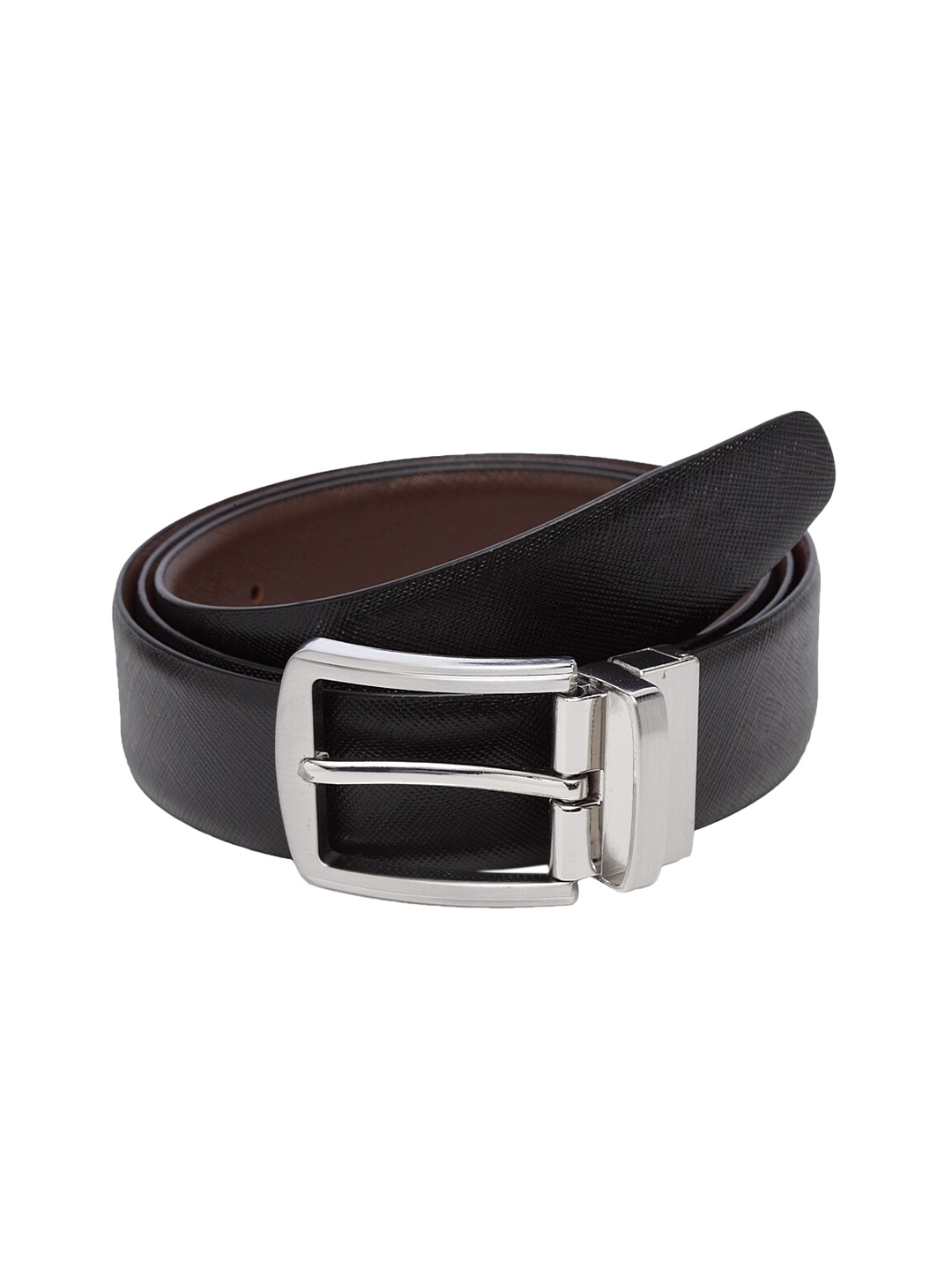 

WELBAWT Men Black & Brown Textured Leather Slim Reversible Belt
