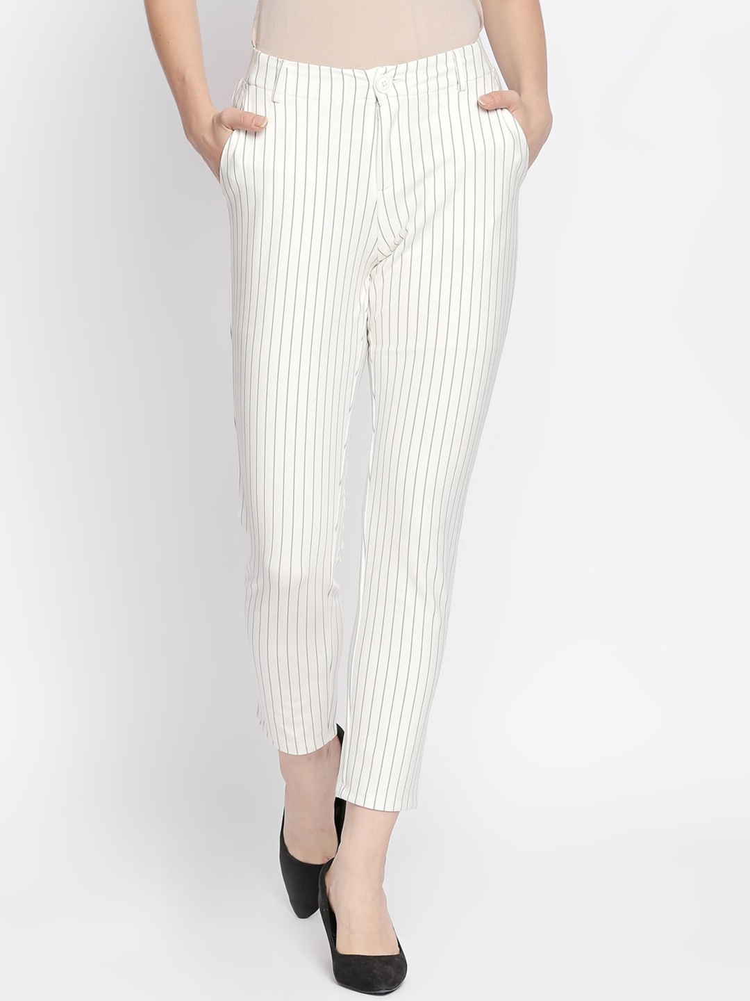 

Annabelle by Pantaloons Women White Regular Fit Striped Regular Trousers
