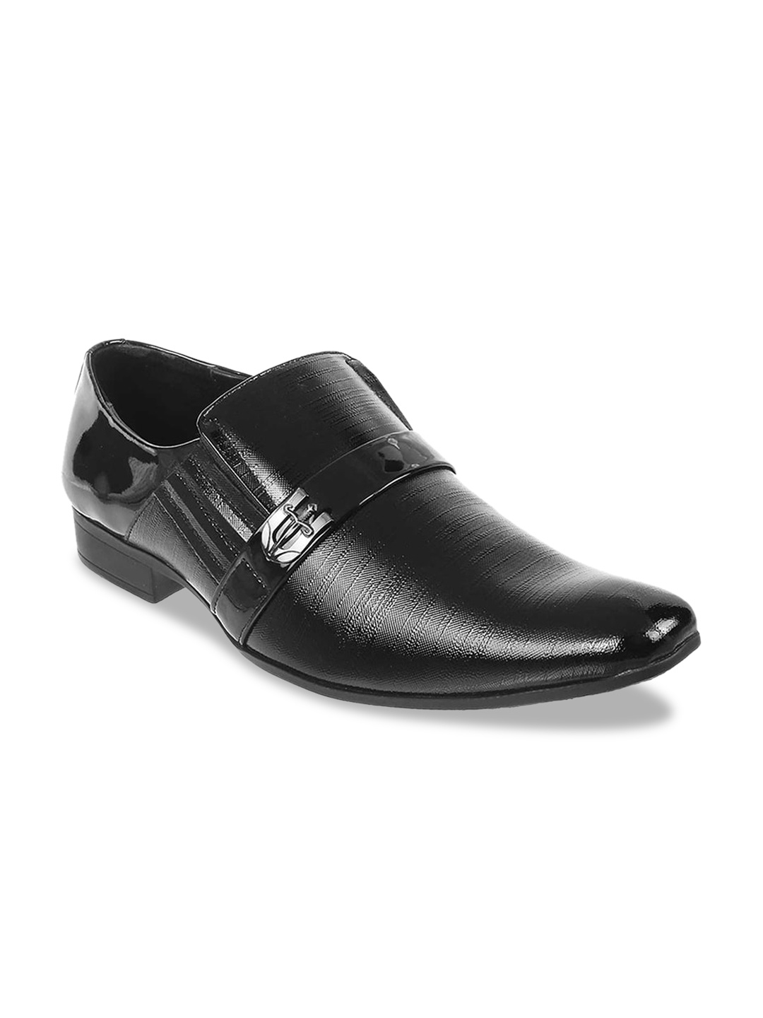 

Mochi Men Black Solid Leather Formal Slip-On Oxfords