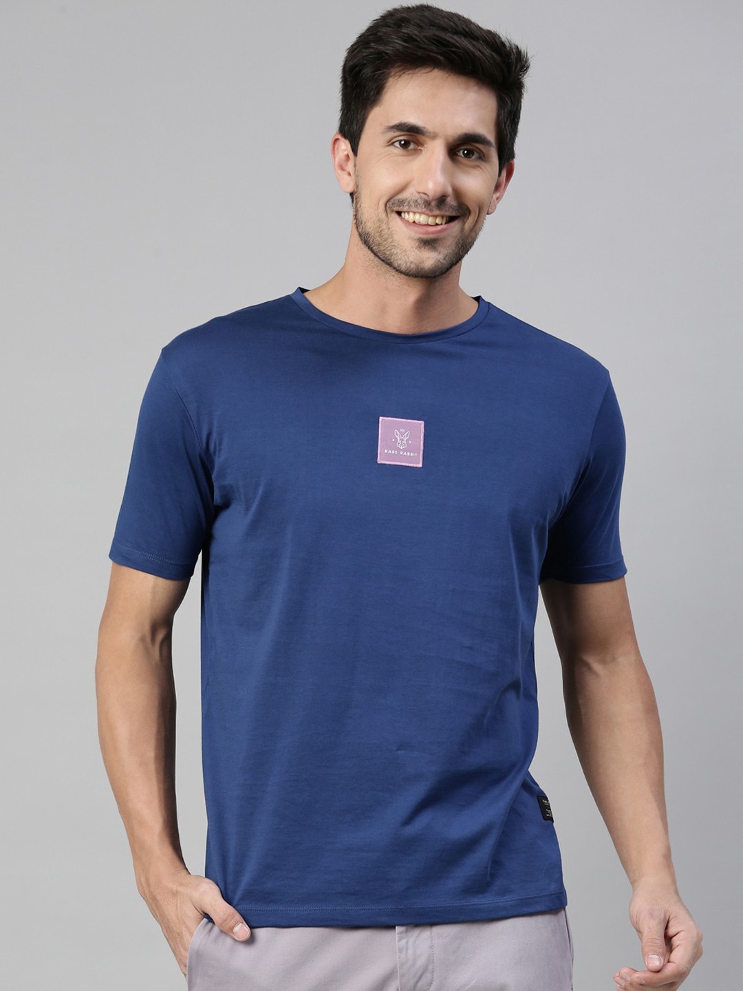 

RARE RABBIT Men Navy Blue Solid Round Neck T-shirt