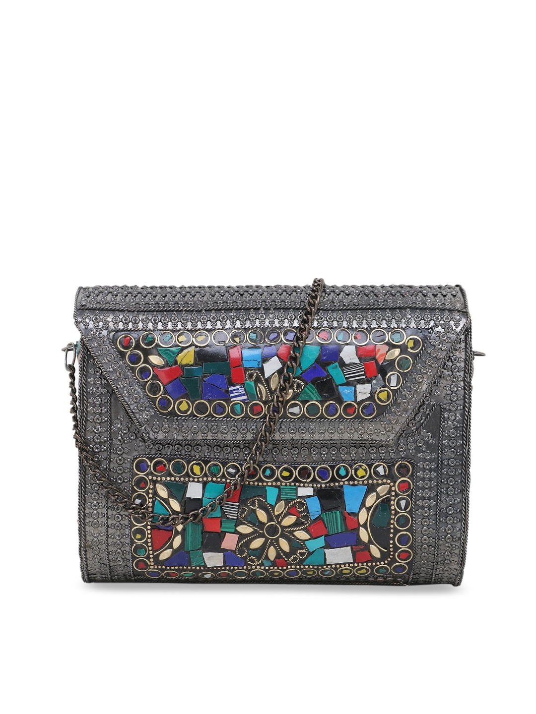 

Anekaant Grey & Blue Embellished Box Clutch
