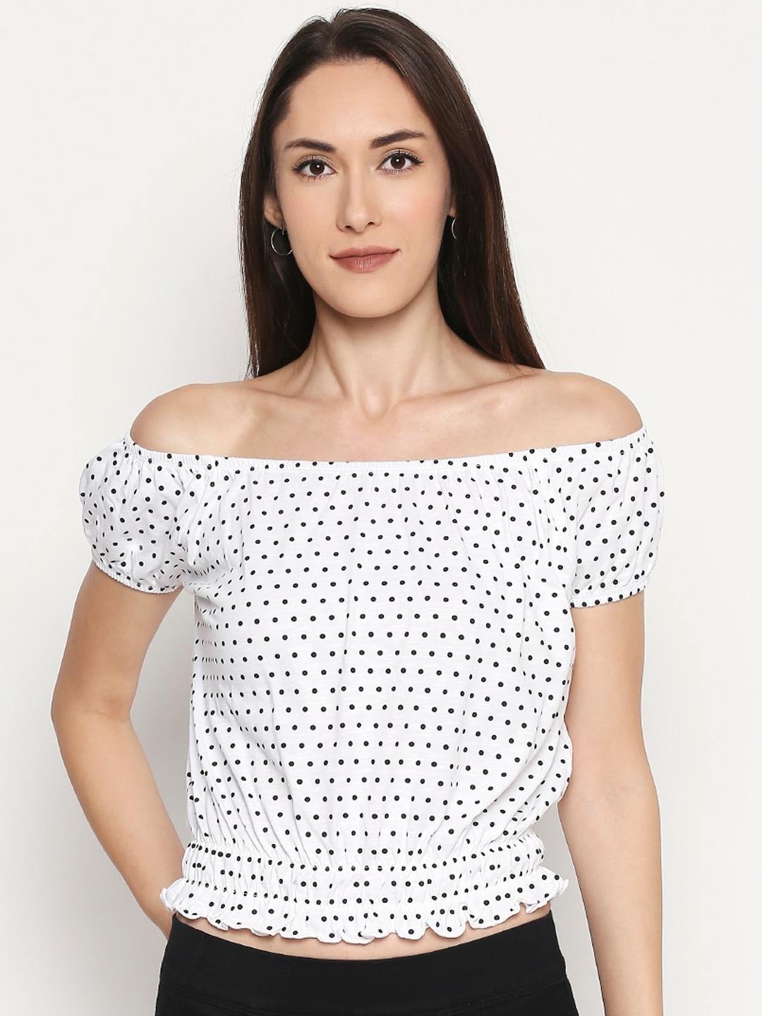 

People Women Black & White Printed Bardot Crop Top