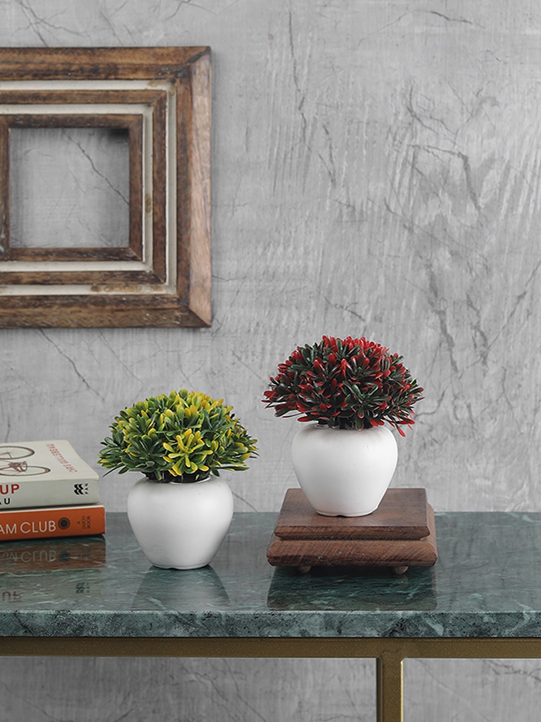 

FOLIYAJ Set Of 2 Green & White Artificial Mini Bushes In Pots
