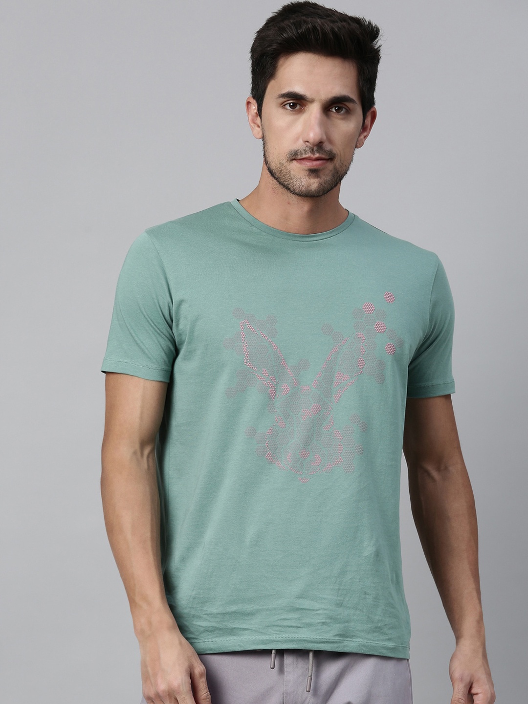 

RARE RABBIT Men Endo Slim Fit Printed Round Neck T-Shirt, Green
