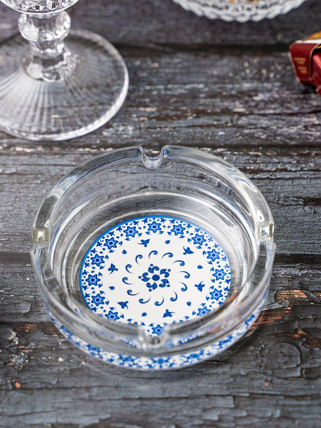 

KOLOROBIA Transparent & White Floral Pottery Glass Ashtray