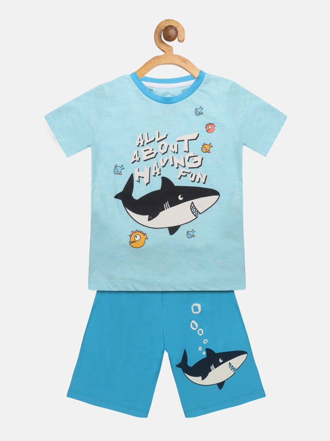

Lazy Shark Boys Navy Blue & White Printed T-shirt with Shorts