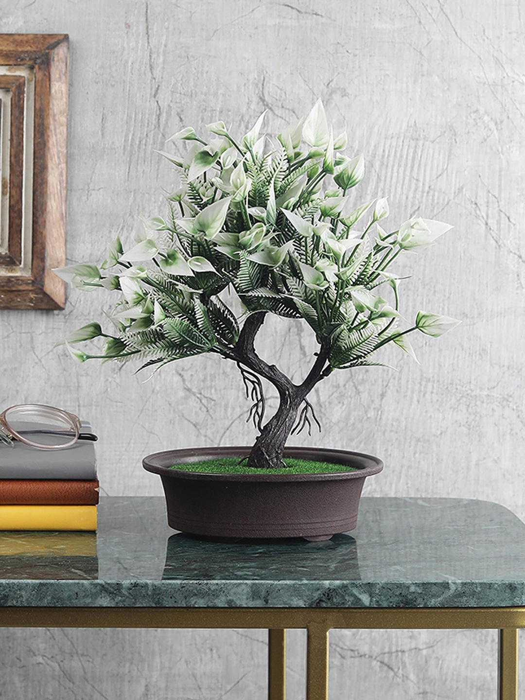 FOLIYAJ Green & Brown Artificial Y-Shape Bonsai Tree In Oval-Shaped Pot