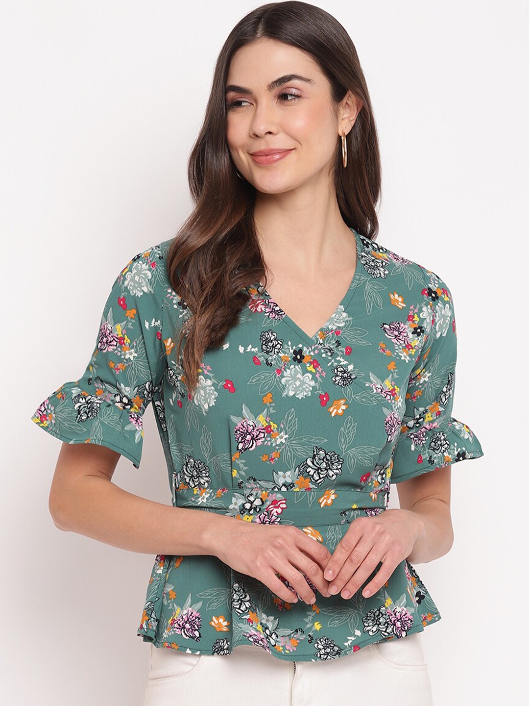 

Mayra Green Floral Printed Bell Sleeves Crepe Wrap Top