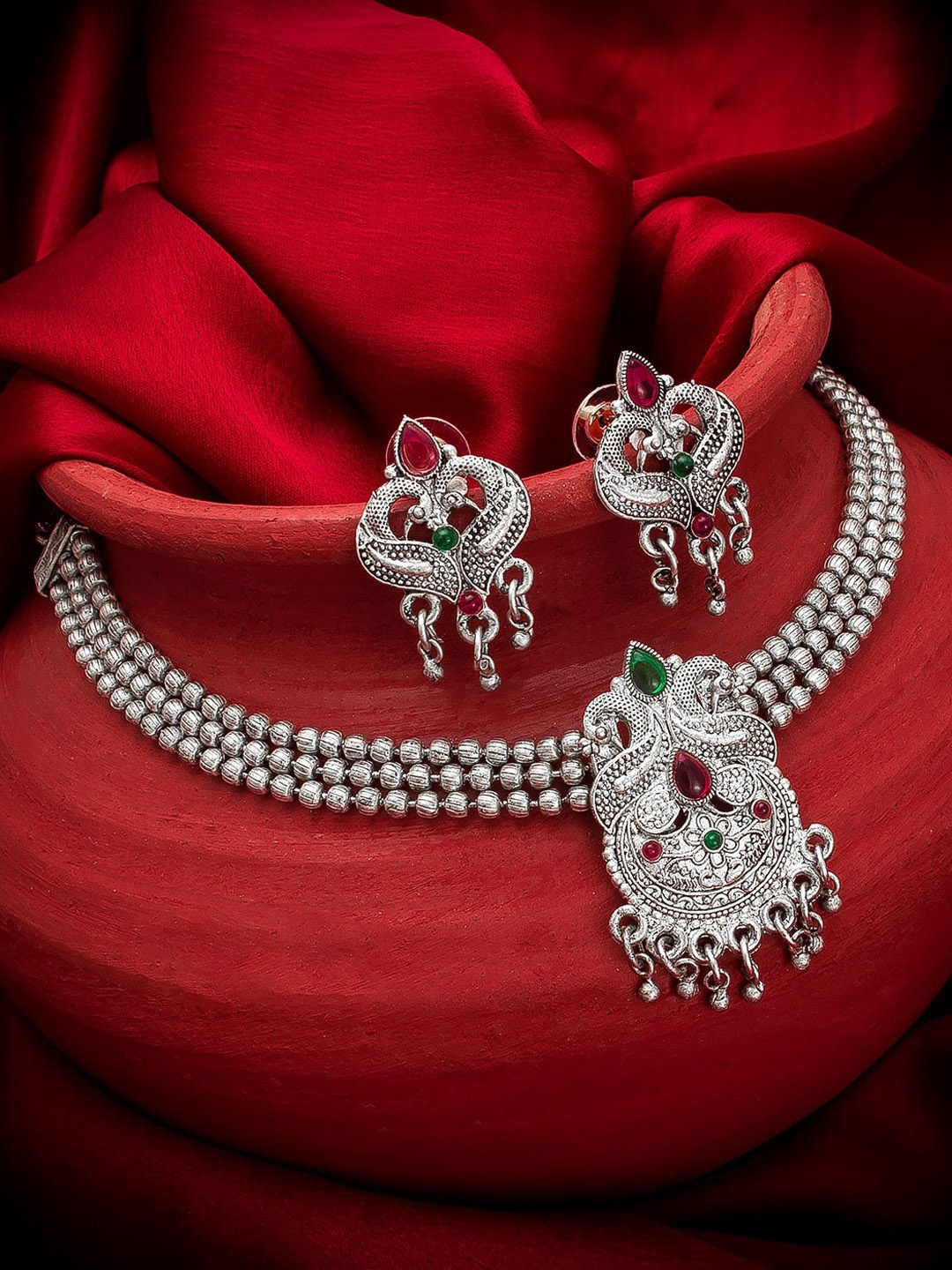 

aadita Oxidised Silver-Plated Green & Pink Stone-Studded Jewellery Set