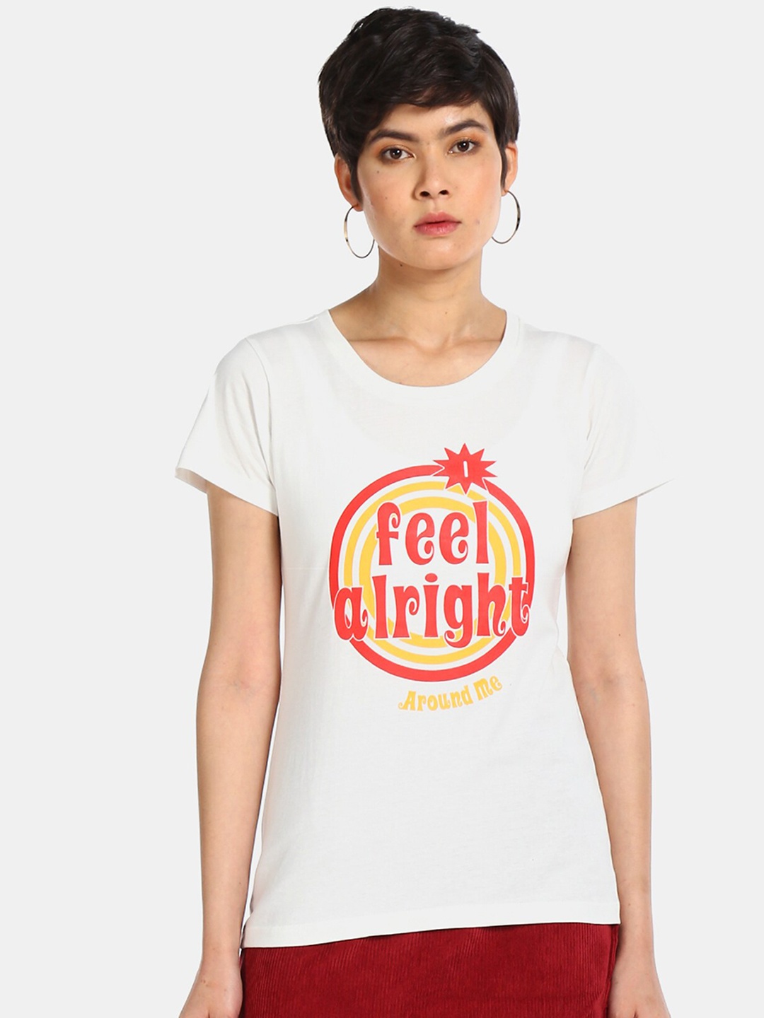 

Sugr Women White Printed Round Neck Pure Cotton T-shirt