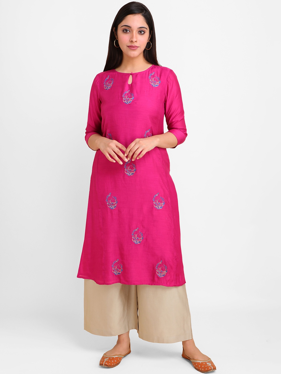 

Lal10 Women Magenta & Pink Embroidered Keyhole Neck A-Line Kurta