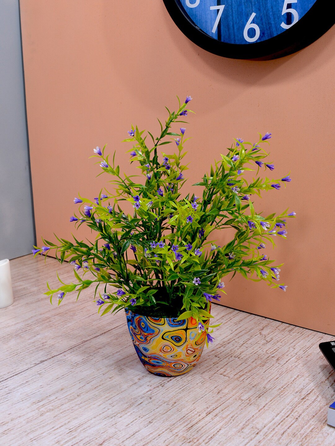 

fancy mart Blue & Green Artificial Grass Flower in Round Texture Pot