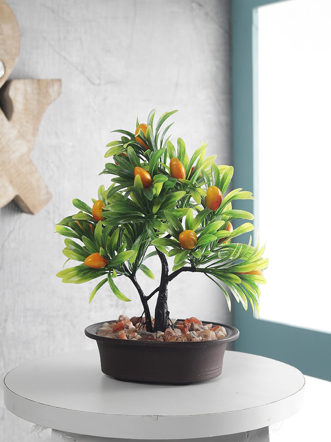 FOLIYAJ Green & Brown Artificial Y-Shape Bonsai Mango Tree With Oval-Shaped Pot