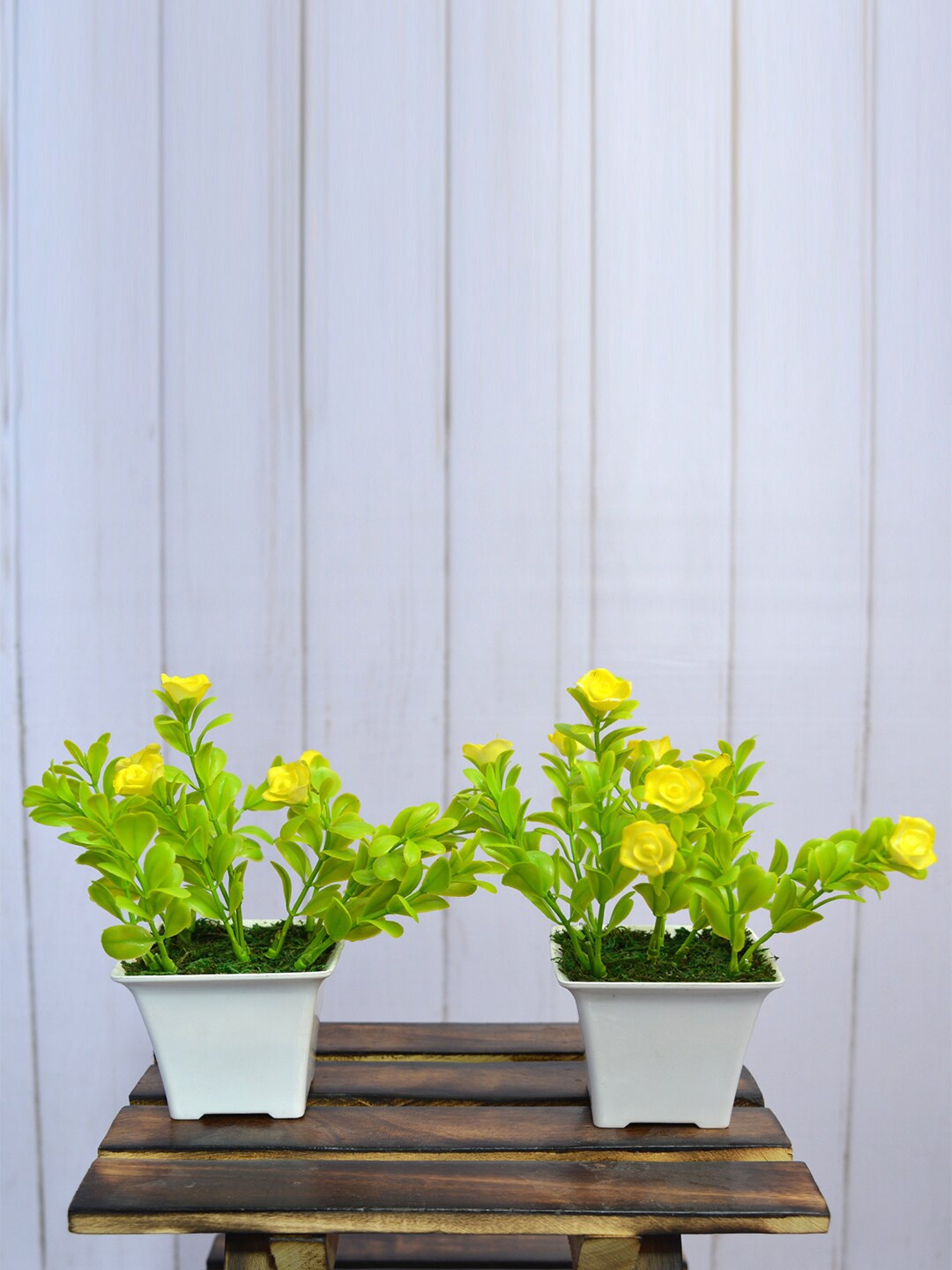 

fancy mart Set Of 2 Yellow & White Artificial Flower Rubber Rose In Gamla Pot
